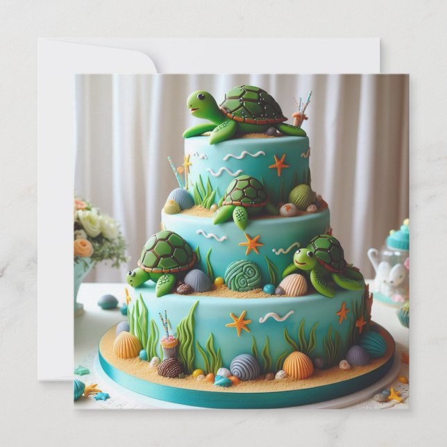 CUTE LITTLE TURTLES THEMED DECORATED BIRTHDAY CAKE CARD (Front)