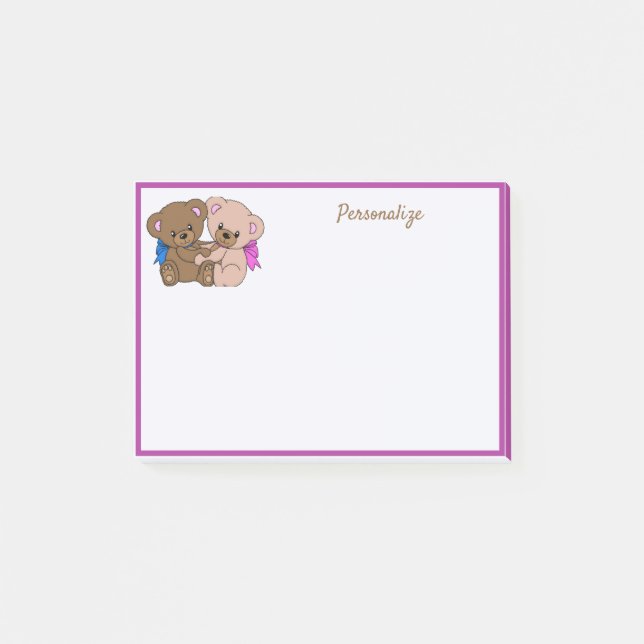 Cute Little Twin Teddy Bears Personalized Post-it Notes (Front)