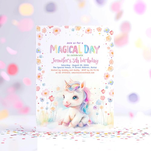 Cute Little Unicorn Floral Fun Birthday Party Invitation