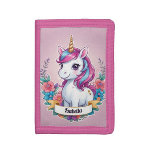 Cute Little Unicorn Girl with Flowers Tri-fold Wallet