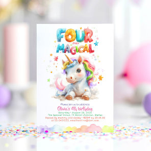 Cute Little Unicorn Girl's 4th Birthday Party Invitation