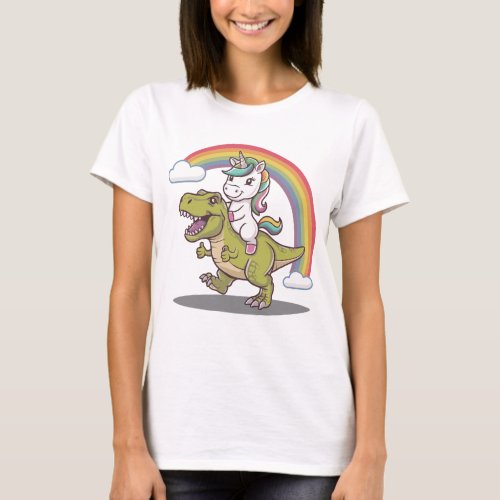Cute Little Unicorn Riding a T_Rex _ Rainbow BG T_Shirt