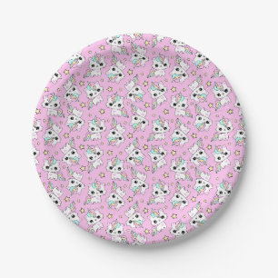 cute little unicorn stars pink background paper plates