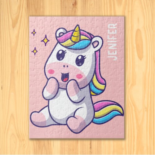 Cute Little Unicorn Surprised Monogrammed Pink Jigsaw Puzzle