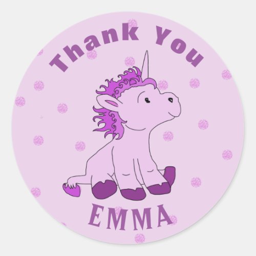 Cute Little Unicorn Thank You Name Classic Round Sticker - This sticker comes with cute little pink unicorn on a pink background, text Thank you and a kids name. It`s perfect for children celebrations. You can personalize the sticker by changing the name and also change the font, size and the colour of the text.