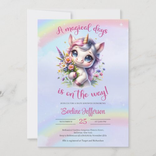 Cute little unicorn with flowers girl invitation