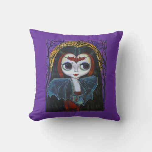 Cute Little Vampire Girl Doll with Bat Throw Pillow