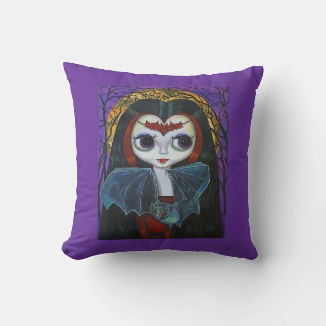 Cute Little Vampire Girl Doll with Bat Throw Pillow (Front)