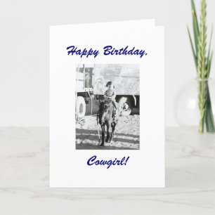 Cute Little Vintage Cowgirl & Pony Birthday Wishes Card