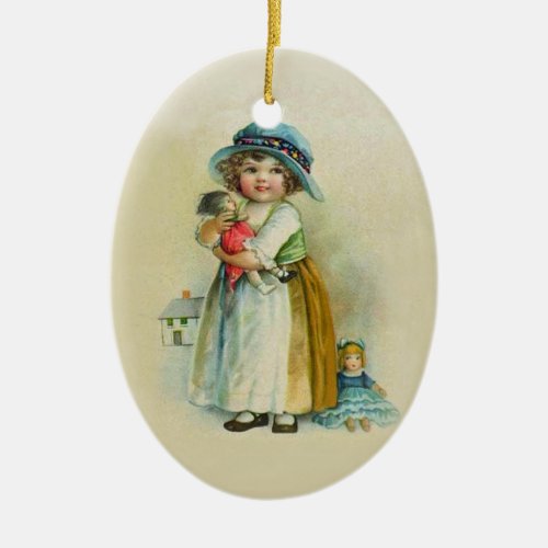 Cute Little vintage Girl Holding Doll Light Tan Ceramic Ornament