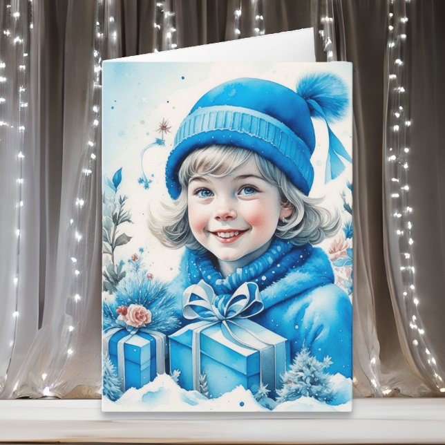 Cute Little Vintage Girl in Blue Christmas Card (Creator Uploaded)