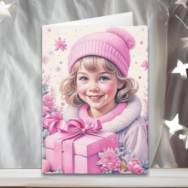 Cute Little Vintage Girl in Pink Retro Christmas Card (Creator Uploaded)