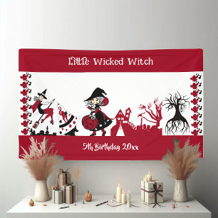 Cute Little Wandering Witch Halloween White Red Banner