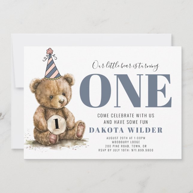 Cute Little Watercolor Bear Turning One Birthday Invitation (Front)