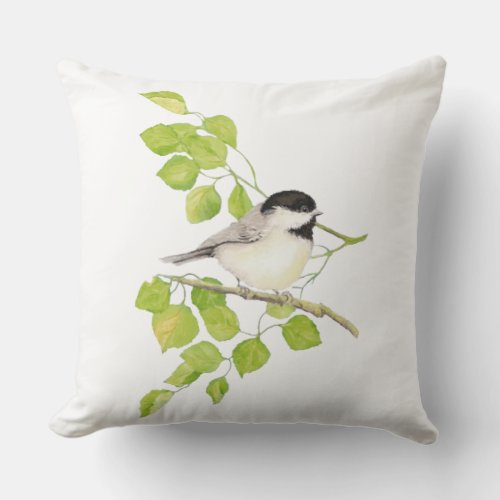 Cute Little Watercolor Chickadee Bird Poplar Tree Throw Pillow