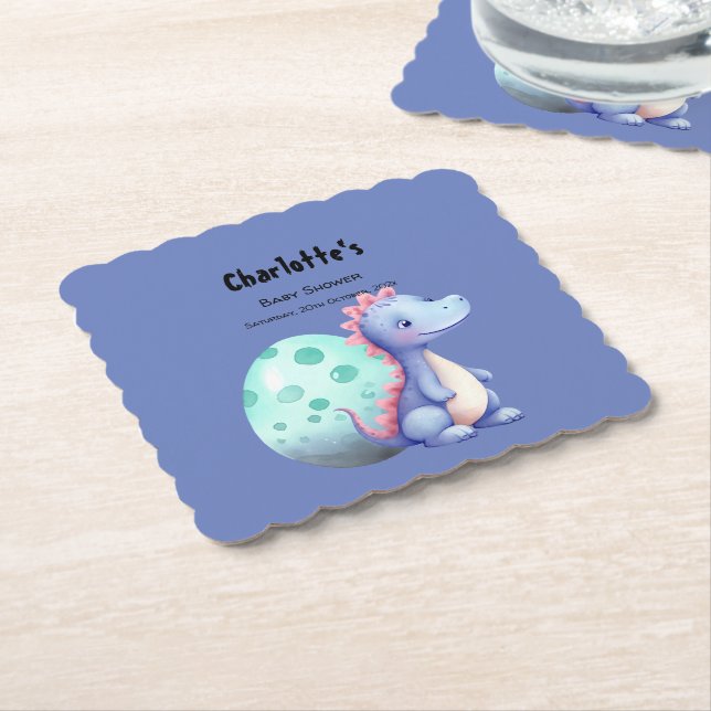 Cute Little Watercolor Dinosaur Baby Shower Paper Coaster (Angled)