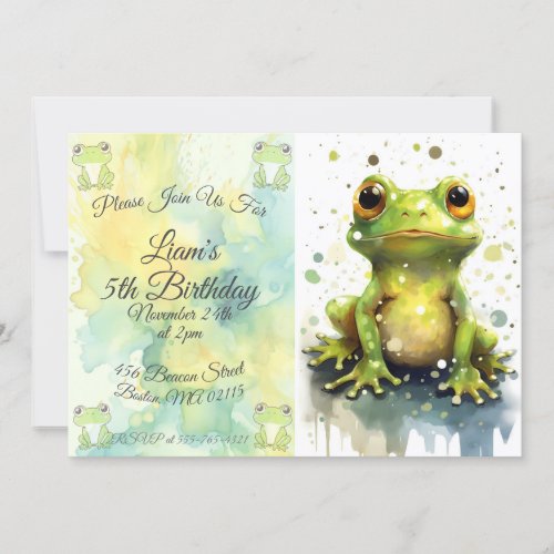 Cute little watercolor frog horizontal birthday invitation