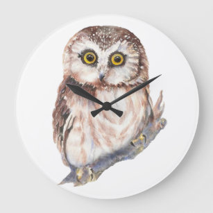 Cute Little Watercolor Owl Bird, Nature Design Large Clock