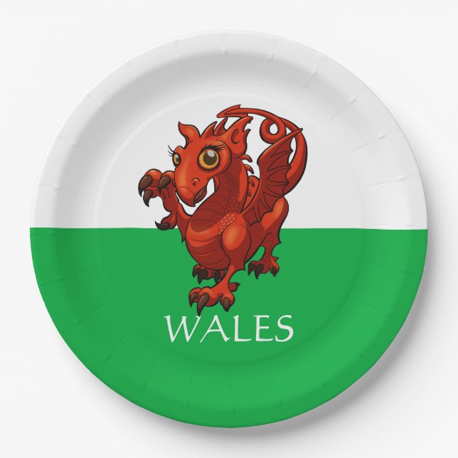 Cute Little Welsh Baby Red Dragon Wales Cartoon Paper Plates (Front)