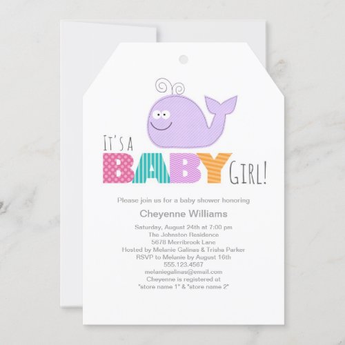 Cute Little Whale Baby Shower Invitation  Girl