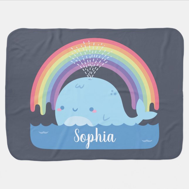 Cute Little Whale Sprouts Rainbow, Baby Name Baby Blanket (Horizontal)