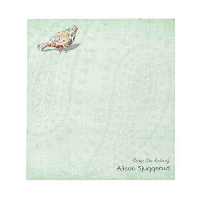 Cute Little Whimsical Bird Paisley Green Custom Notepad (Front)