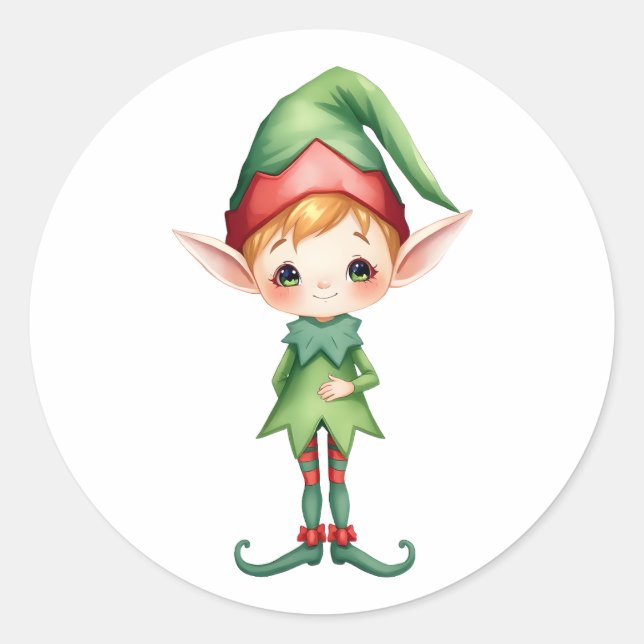 Cute Little Whimsical Watercolor Christmas Elf Classic Round Sticker (Front)