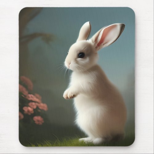 Cute Little White Bunny and Roses Mouse Pad