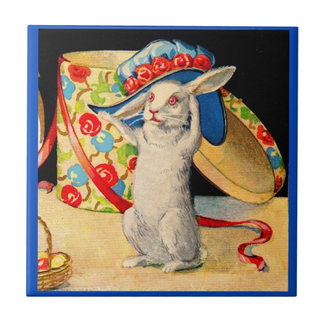 cute little white bunny wearing big hat ceramic tile (Front)