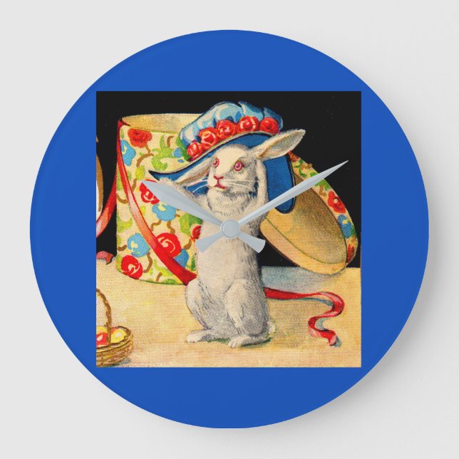 cute little white bunny wearing big hat large clock (Front)