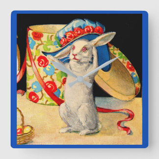 cute little white bunny wearing big hat square wall clock