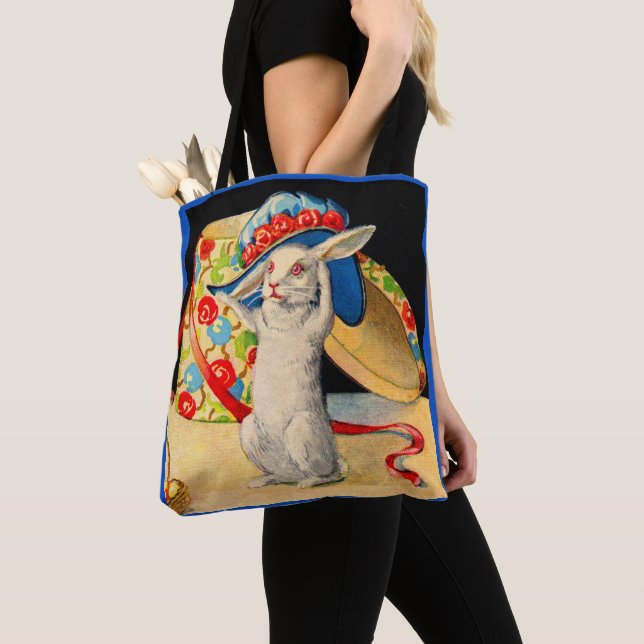 cute little white bunny wearing big hat tote bag (Close Up)