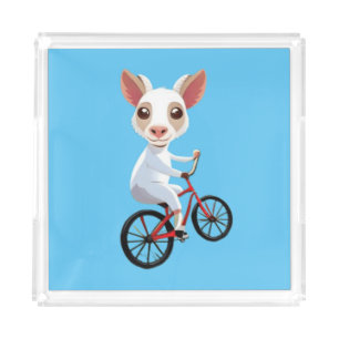 Cute little white goat on a bicycle acrylic tray