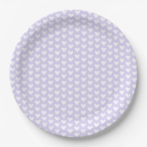 Cute Little White Hearts Pattern Lavender Paper Plates