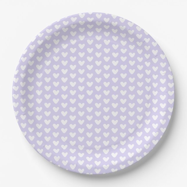 Cute Little White Hearts Pattern Lavender Paper Plates (Front)