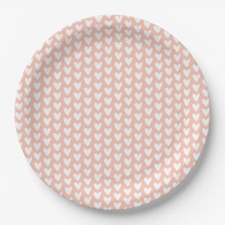 Cute Little White Hearts Pattern - Peachy Pink Paper Plates