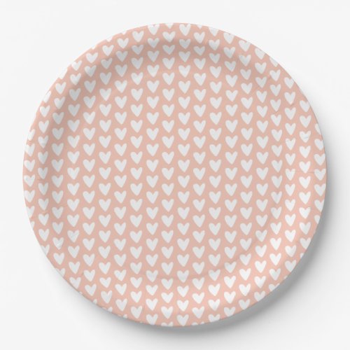 Cute Little White Hearts Pattern _ Peachy Pink Paper Plates