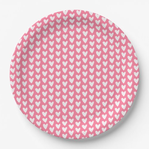 Cute Little White Hearts Pattern _ Raspberry Pink Paper Plates