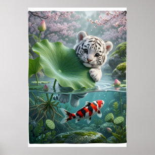 Cute Little White Tiger Swimming In Water Nature F Poster