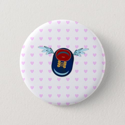 Cute little winged shoe cartoon and pink hearts button