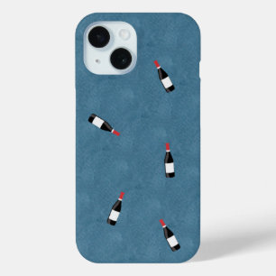 Cute Little Wino Wine Bottle Pattern on Blue iPhone 15 Case