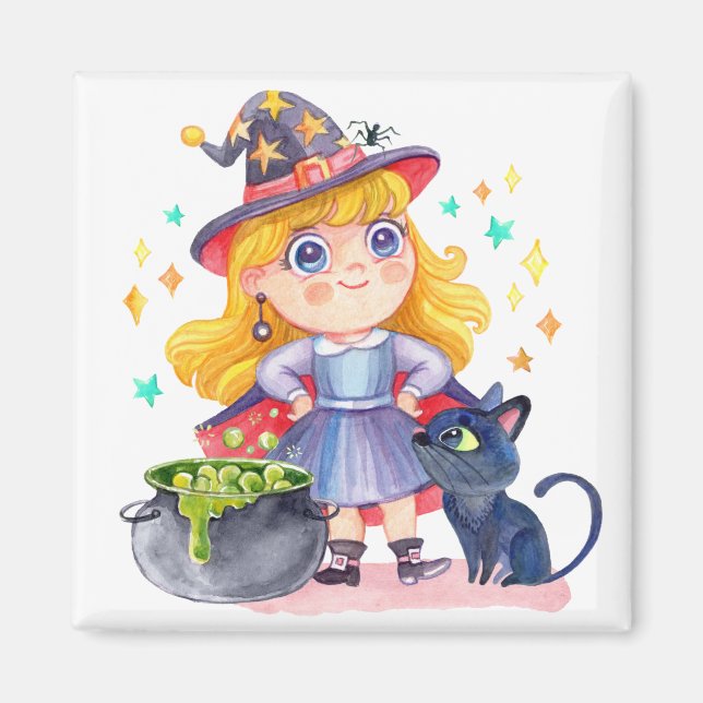Cute little witch and black cat magnet (Front)