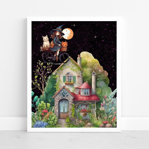 Cute Little Witch And Cat With A Happy House  Poster