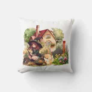 Cute Little Witch And Fox  Throw Pillow
