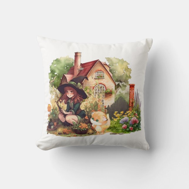 Cute Little Witch And Fox  Throw Pillow (Front)