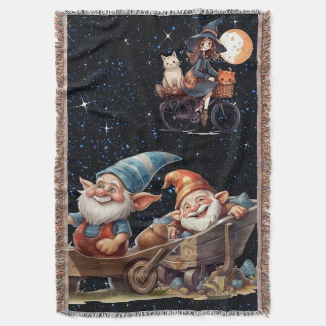 Cute Little Witch And Happy Gnomes Throw Blanket (Front Vertical)