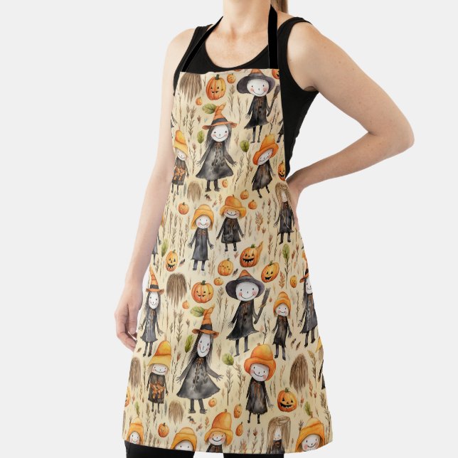 Cute Little Witch And Pumpkin Halloween Themed Apron (Insitu)