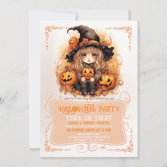 Cute Little Witch and Pumpkins Halloween Invitation (Front)