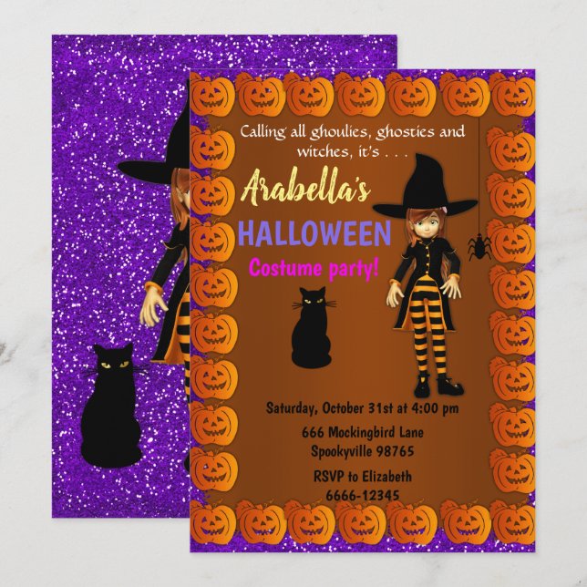 Cute Little Witch Children's Halloween Invitation (Front/Back)
