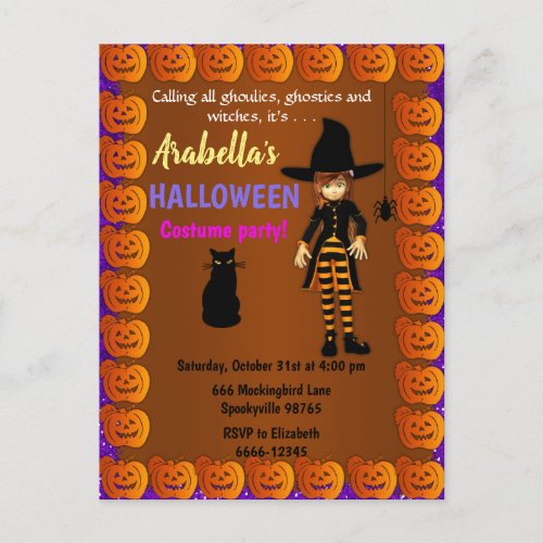 Cute Little Witch Childrens Halloween Invitation Postcard